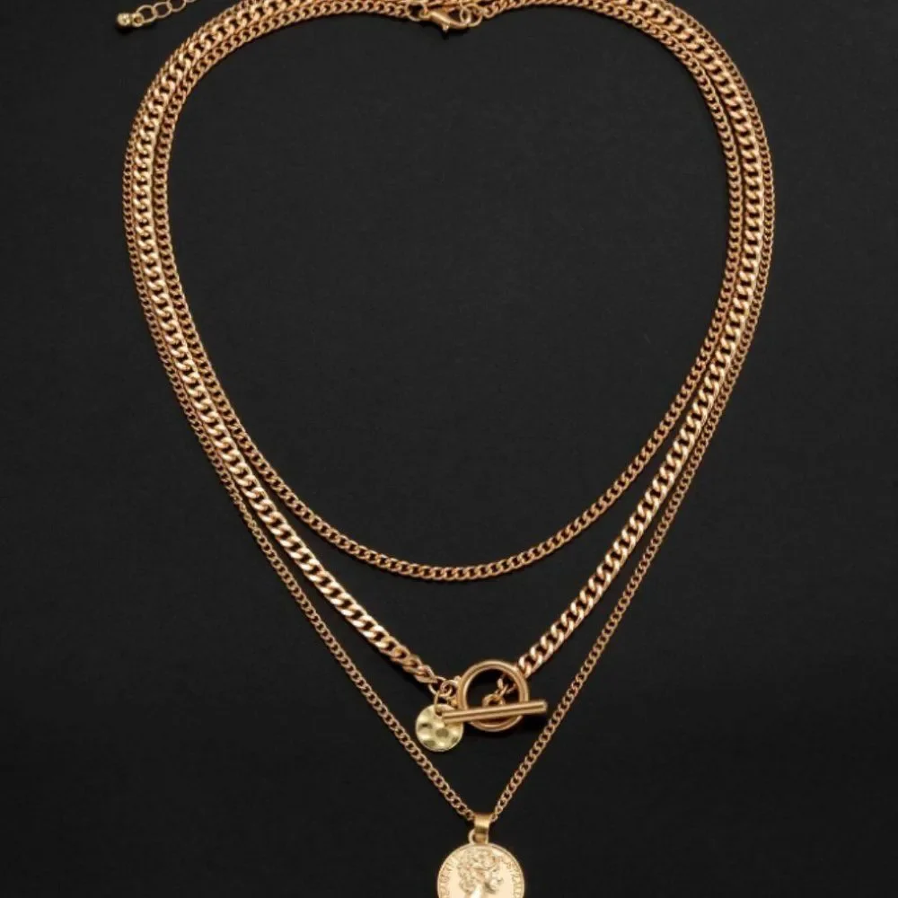 7/$35 Gold Color Three Layer Toggle Medallion Necklace - Picture 5 of 7